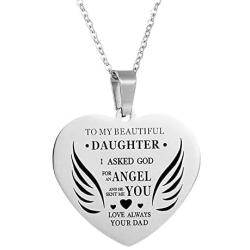 Stainless Steel Charm Love Heart Wing Pendant Necklace to My Beautiful Daughter Wife Granddaughter My Sweet Angel Choker Chain Jewelry from Dad Mom Grandma