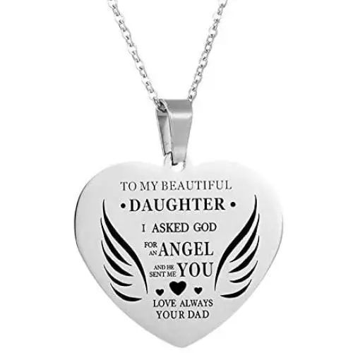 Stainless Steel Charm Love Heart Wing Pendant Necklace to My Beautiful Daughter Wife Granddaughter My Sweet Angel Choker Chain Jewelry from Dad Mom Grandma
