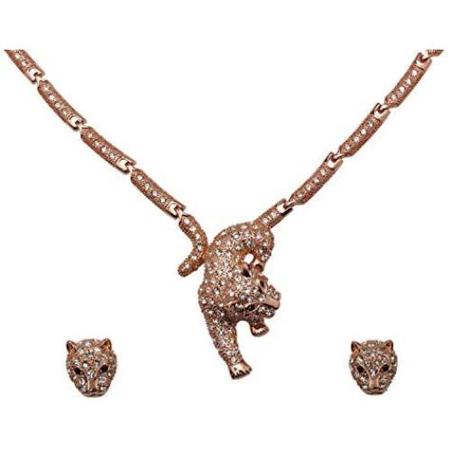 Faship Panther Leopard Jaguar Rhinestone Crystal Necklace Earrings Set