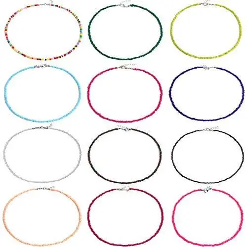 12Pieces Beaded necklace Boho Bohemian seed Bead Choker Colorful Summer Beach Handmade Jewelry for Women Girls 12Pieces Beaded necklace Boho Bohemian seed Bead Choker Colorful Summer Beach Handmade Jewelry for Women Girls
