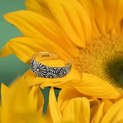 Sunflower Ring, Boho Floral Rings for Women, Dainty Sterling Silver Jewelry, Flower Promise Accessory, Antique Wedding Gift, Bohemian Fashion Item