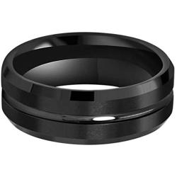 Crownal 4mm 6mm 8mm 10mm Black Tungsten Wedding Band Ring Men Women Beveled edges Polished Grooved Center Comfort Fit Size 4 To 17