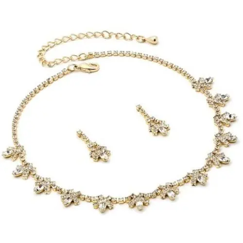 Topwholesalejewel Gold Crystal Rhinestone Necklace with Ribbon Accents & Matching Dangle Earrings Jewelry Set Topwholesalejewel Gold Crystal Rhinestone Necklace with Ribbon Accents & Matching Dangle Earrings Jewelry Set