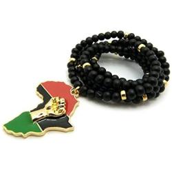 Fist Power in Pan African Colored Africa Map Pendant 6mm 30 inches Wooden Bead Necklace