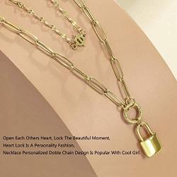 Dainty Layered Padlock Necklaces for Women, 14K Gold Plated Paperclip Chain Necklace Simple Cute Pendant Lock Choker Necklace Gold Layered Necklaces for Women