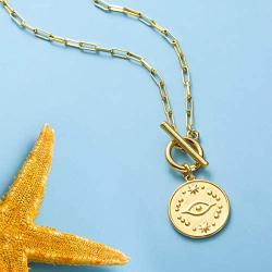 Coin Pendant Necklace for Women Girls: 14K Gold Plated Star Moon Evil Eye Paperclip Chain Dainty Jewelry Christmas Gifts