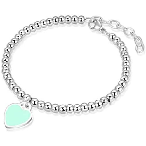 Jewanfix Charm Bracelet for Girls, Womens Stainless Steel Love Heart Charm Beaded Delicate Bracelet