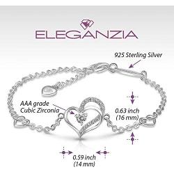 ELEGANZIA Heart Bracelet Sterling Silver for Women, Cubic Zirconia Love Charm Bracelet Eternity Jewelry Anniversary Birthday Valentine for Her