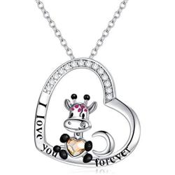 AOBOCO Cute Giraffe Necklace Sterling Silver Crescent Moon Heart Giraffe Pendant Embellished with Crystals from Austria - I Love You Forever, Birthday Anniversary Giraffe Jewelry Gifts for Women