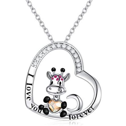 AOBOCO Cute Giraffe Necklace Sterling Silver Crescent Moon Heart Giraffe Pendant Embellished with Crystals from Austria - I Love You Forever, Birthday Anniversary Giraffe Jewelry Gifts for Women
