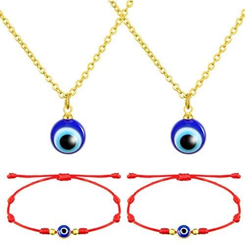 Hicarer 4 Pieces Evil Eye Necklace with Evil Eye Bracelet Set Evil Eye Necklace Chain Turkish Blue Eyes Amulet Pendant Necklace Amulet Lucky Bracelets with Card for Women Men