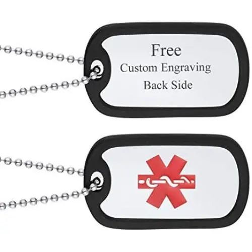 U7 Men Women Custom ID Tag,Stainless Steel Medical Identification Necklace Bead Chain 23 Inch, Silicone Silencer, Military Dog Tag Customized with Text or Image, Gift Packed