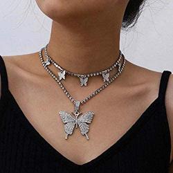 Butterfly Choker Necklace Tennis Chain Butterfly Bling Iced Cubic Zirconia CZ Butterfly Necklace Silver Girls Women