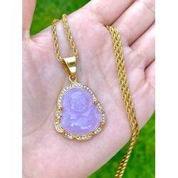 Iced Laughing Buddha Purple Jade Pendant Necklace 16'' Rope Chain Genuine Certified Grade A Jadeite Jade Hand Crafted, Jade Necklace, 14k Gold Filled Laughing Jade Buddha Necklace, Silver Jade Medallion, Fast Prime Shipping