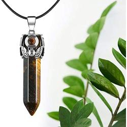 Natural Healing Crystals Point Pendant Necklace Reiki Hexagonal Pointed Stone, Leaf Wrap Gemstone Quartz Jewelry for Women with 18 in Stainless Steel Chain Strap Gift Box - Tigereye Stone