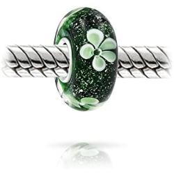 Murano Glass .925 Sterling Silver Core Translucent Floral Green Black White Flower Spacer Charm Bead Fits European Bracelet For Women Teen