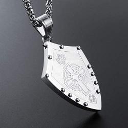 HZMAN Mens Warriors Medieval Shield Celtic Knot Irish Cross Stainless Steel Pendant Necklace Silver / Gold