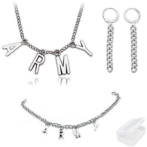 PPX BTS Members Name Pendant Army Necklace and Bracelet and 2 pcs Earrings for Fans,with Transparent Box