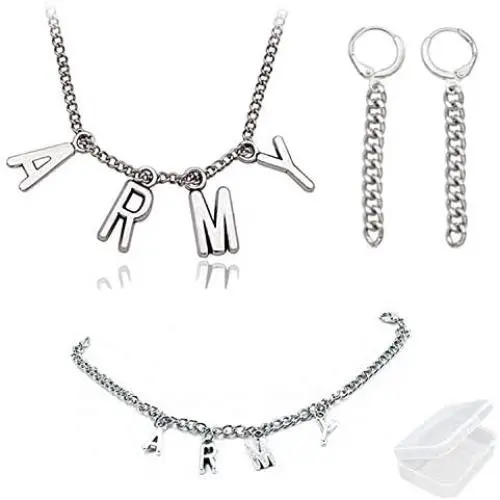 PPX BTS Members Name Pendant Army Necklace and Bracelet and 2 pcs Earrings for Fans,with Transparent Box PPX BTS Members Name Pendant Army Necklace and Bracelet and 2 pcs Earrings for Fans,with Transparent Box