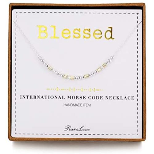 RareLove Blessed Morse Code Necklace 925 Sterling Silver Beads Two Tone Friendship Inspiration Graduation Bridemaid Gift For Women Girls
