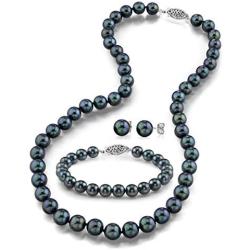THE PEARL SOURCE 14K Gold 6-6.5mm Round Black Akoya Cultured Pearl Necklace, Bracelet & Earrings Set in 18'' Princess Length for Women