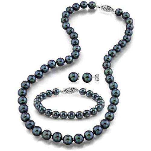 THE PEARL SOURCE 14K Gold 6-6.5mm Round Black Akoya Cultured Pearl Necklace, Bracelet & Earrings Set in 18'' Princess Length for Women