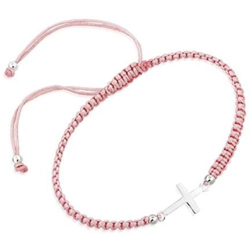 Chuvora 925 Sterling Silver Small Sideways Cross Pink Polyester Adjustable Drawstring Wrap Bracelet, 6-9''