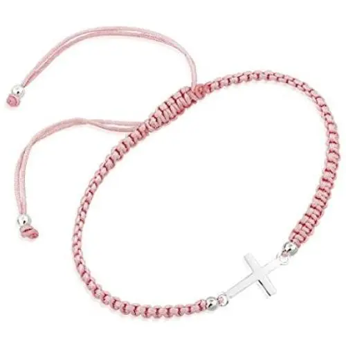 Chuvora 925 Sterling Silver Small Sideways Cross Pink Polyester Adjustable Drawstring Wrap Bracelet, 6-9'' Chuvora 925 Sterling Silver Small Sideways Cross Pink Polyester Adjustable Drawstring Wrap Bracelet, 6-9''