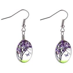 Tree of Life Dried Pressed Real Flowers Teardrop Drop Earrings Glass Hook Earrings（purple）