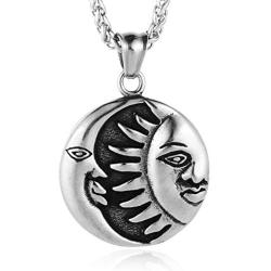 HZMAN Sun Moon Face Pendant Necklace, Fine Stainless Steel Jewelry