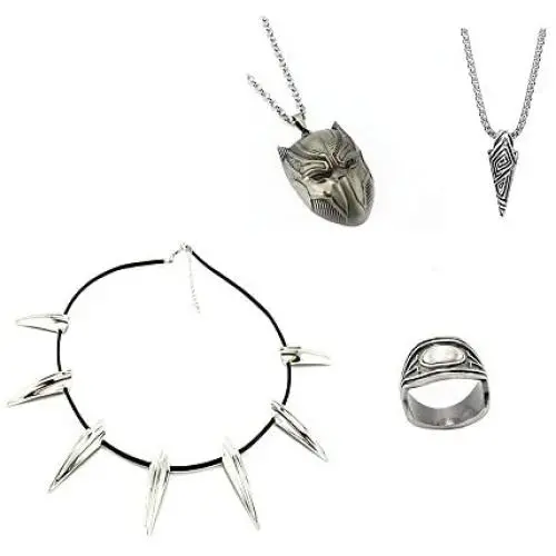 4 Pack Super Hero Black Cosplay Necklace & Ring Wakandaa King TChalla Cosplay Pendant 4 Pack Super Hero Black Cosplay Necklace & Ring Wakandaa King TChalla Cosplay Pendant