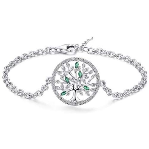 Women Tree Of Life Bracelet,925 Sterling Silver Adjustable Link Bracelet Charm Pendant With Cubic Zirconia＆Birthday Stone,Tree Jewelry Bracelet Gift For Women ＆Teen Girls （With Fine Jewelry Box)