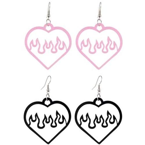 2 Pairs Flame Heart Dangle Earrings Set Acrylic Hollow Love Heart Shape Earrings for Women Girls Jewelry