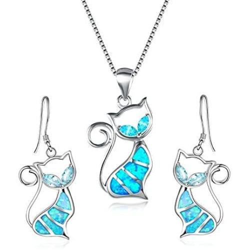 Cute Cat Kitty Necklace Earrings, Crystal Rhinestone Cat Series Jewelry Set for Women Girls