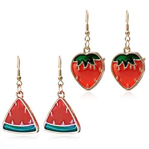 DAMLENG Charm Red Transparent Strawberry Watermelon Dangle Earrings Enamel Alloy Assorted Fruits Drop Earrings for Women Girls Statement Jewelry Gifts