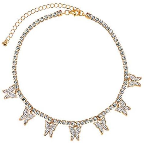 SUNXN Butterfly Necklace Tennis Chain Choker CZ Bling Silver Gold Pendant Necklace Gift for Women Girls Jewelry