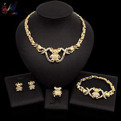 Yulaili XO Teddy Bear 18K Gold Plated Necklace Earrings Bracelet Ring Bridal Jewelry Sets for Women Jewellery Display