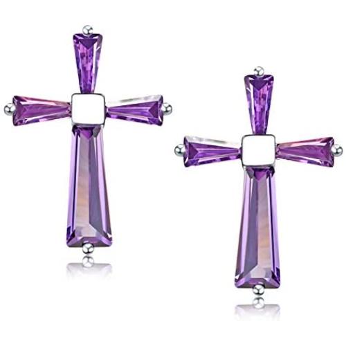 AllenCOCO 14K Gold Plated Girls Amethyst Cross Stud Earrings 925 Sterling Silver Earrings for Women