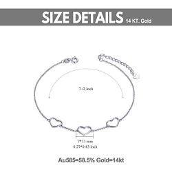 14k Gold Heart Bracelet for Women, Real Gold Fine Love Jewelry Gifts for Her,6.7''-8.1''