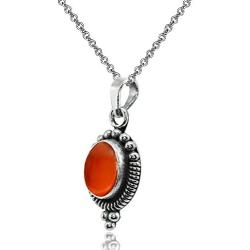 Sterling Silver Simulated Gemstone Oval Oxidized Dainty Bali Bead Pendant Necklace