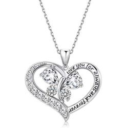 Sllaiss 925 Sterling Silver “Love You Forever” Heart Crystal Necklace for Women Engraved Love Butterfly Pendant Fine Necklace, Crystals from Swarovski