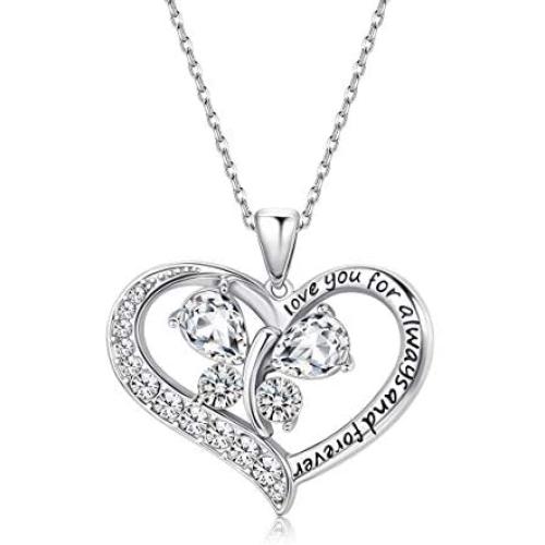 Sllaiss 925 Sterling Silver “Love You Forever” Heart Crystal Necklace for Women Engraved Love Butterfly Pendant Fine Necklace, Crystals from Swarovski