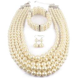 Shineland Elegant Multilayers Simulated Pearl Strand Cluster Collar Bib Choker Costume Jewelry Sets