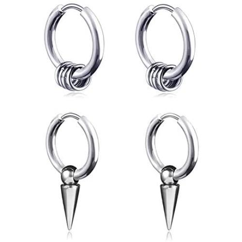 Mens Hoop Earrings With Cross Feather Cone Ball Chain Dangle Black Silver 316L Stainless Steel Punk Hip Hop Rock Gothic Style Kpop Earrings For Men Women Teen Boys Girls