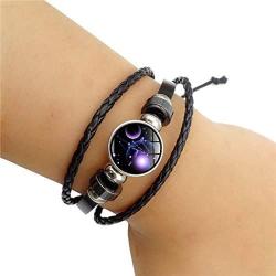 Dcfywl731 Fashion 12 Twelve Constellations Hand Woven Leather Bracelet and Moon Pendant Necklace Zodiac Sign Jewelry Set
