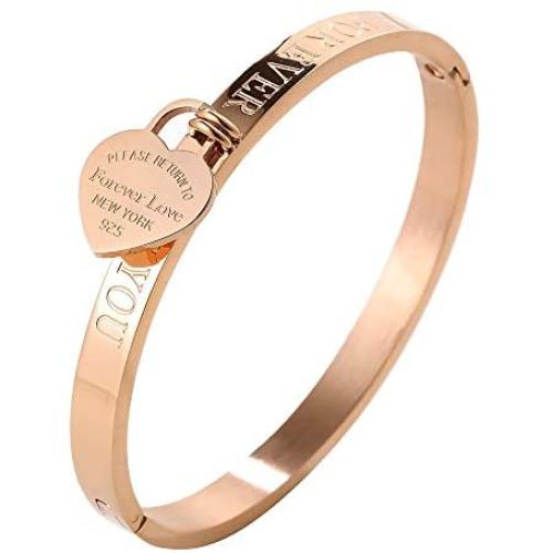 JINHUI Thanksgiving Day Gift Jewelry 18 K Rose Gold/Gold Bangle Bracelet Heart Pendant Forever Love Letters Engraved Bangle Bracelet for Women Size 6.5