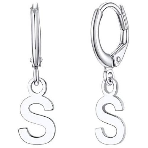 Silvora Sterling Silver Initial Drop Earrings, Women S925 Letter Ear Hoop Jewelry, A-Z Letter Jewelry Dangling Birthday Charms for Girls