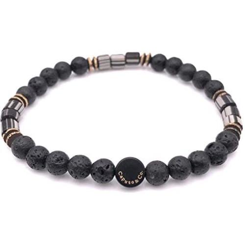Mens Recycled Glass & Lava Stretch Bead Bracelet Handcrafted in USA - Black