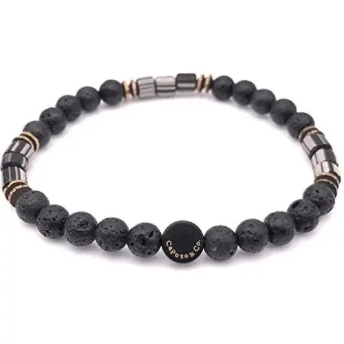 Mens Recycled Glass & Lava Stretch Bead Bracelet Handcrafted in USA - Black Mens Recycled Glass & Lava Stretch Bead Bracelet Handcrafted in USA - Black
