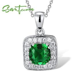 Santuzza Sterling Silver 1 Ct Size Emerald Color CZ Halo Pendants CZ Crystal Stone